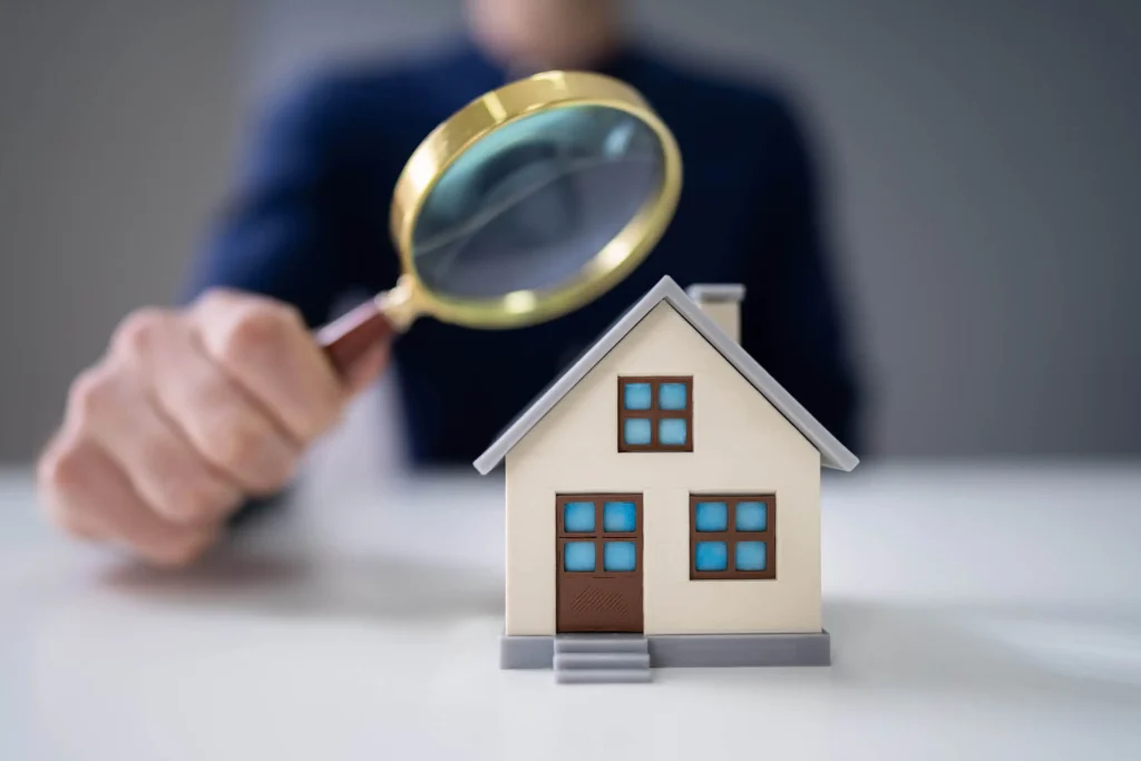 A person holds a magnifying glass over a small house model, appearing to inspect it closely.